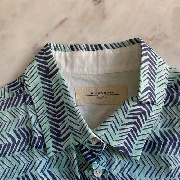 MaxMara Weekend Gauzy Resort Button-Down Shirt in Aqua and Blue Chevron - Picture 7 of 9
